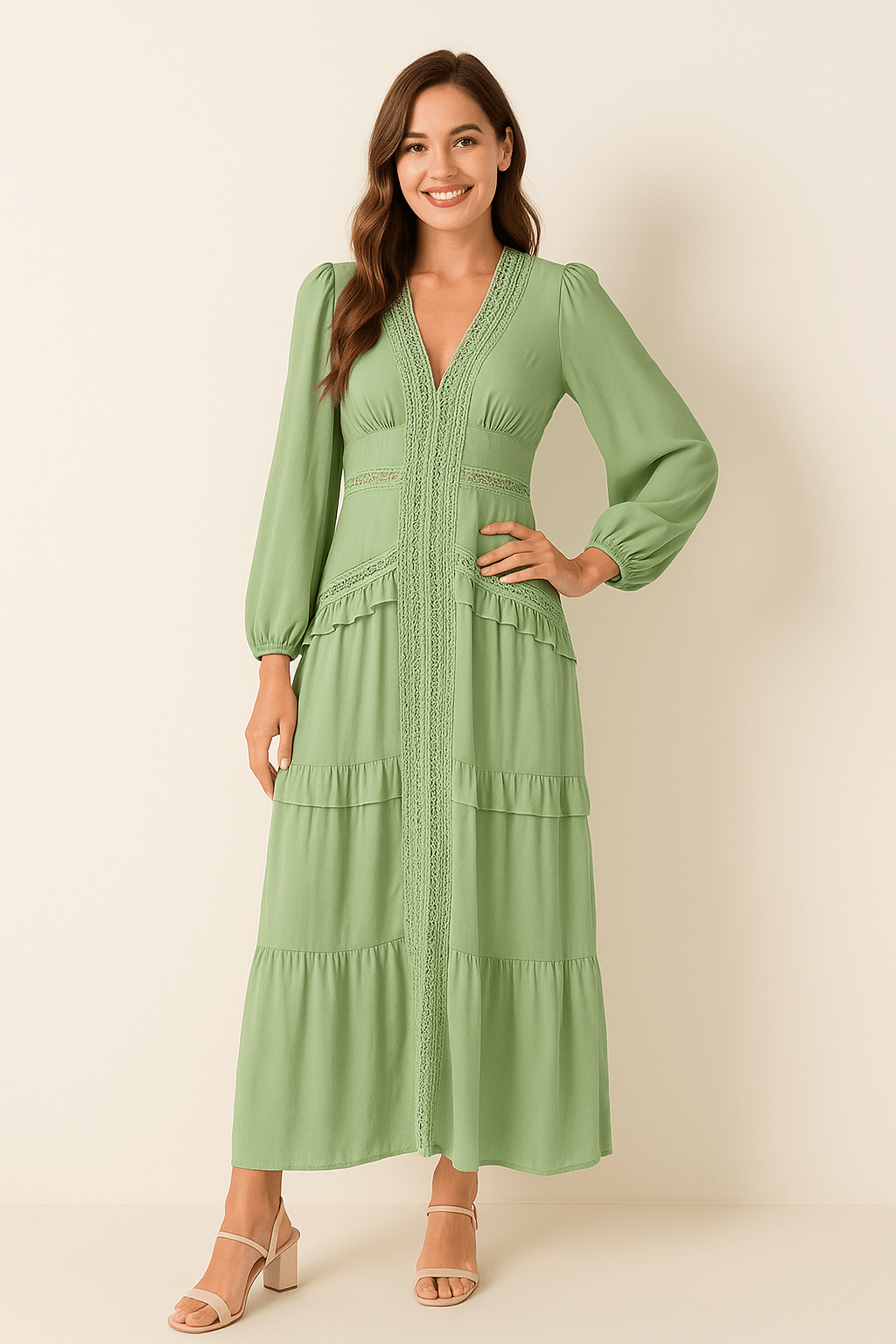 Elegant maxi dress with ruffles and V-neckline