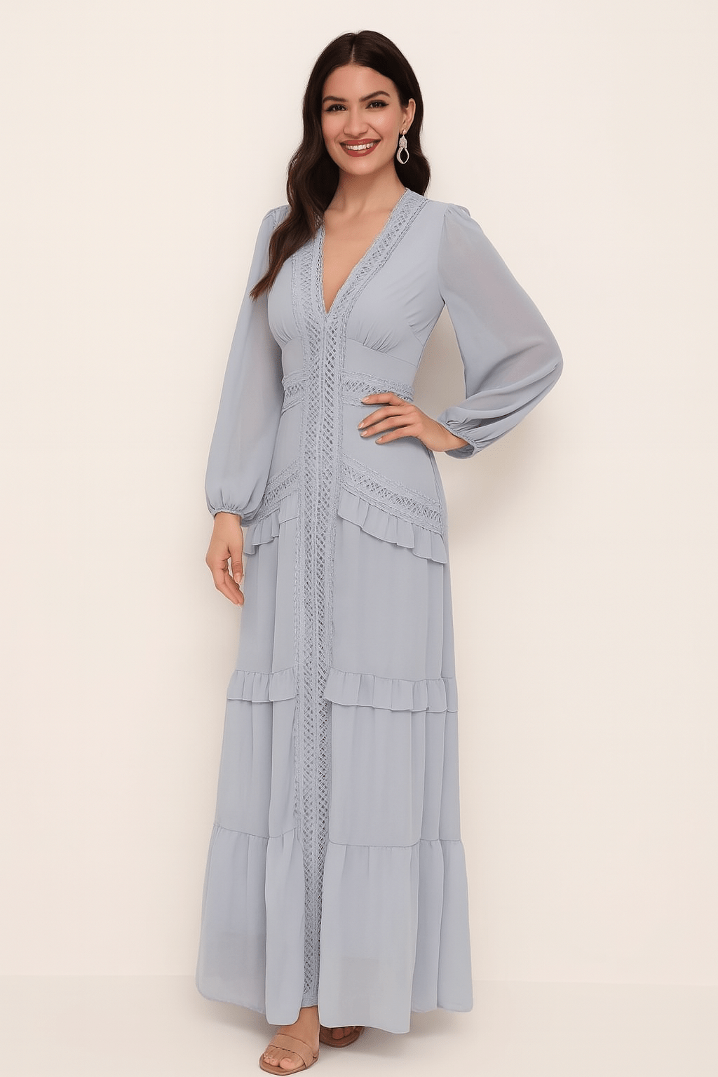 Elegant maxi dress with ruffles and V-neckline