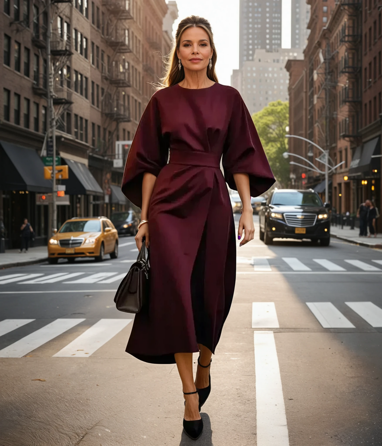 Elegant midi dress for women with lantern sleeves and waist belt