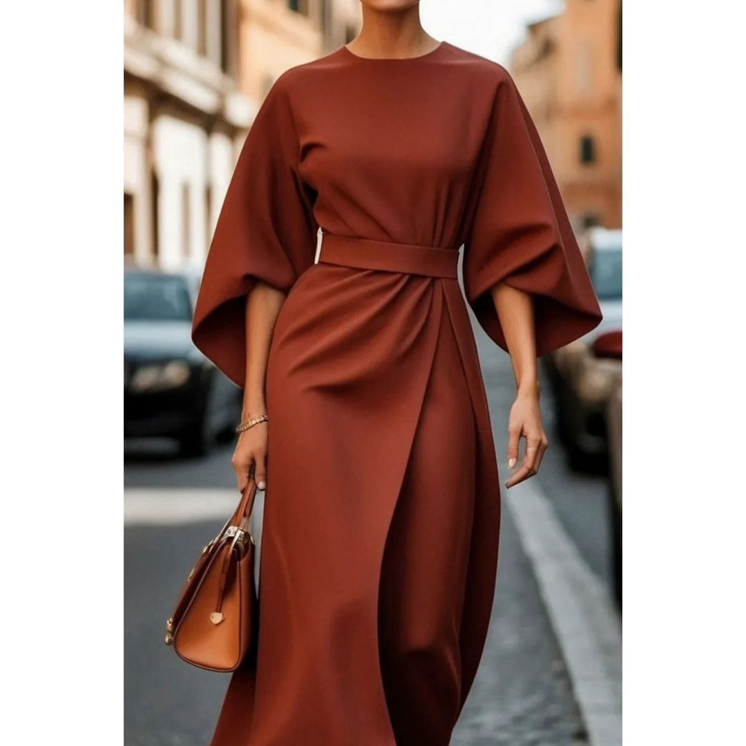 Elegant midi dress for women with lantern sleeves and waist belt