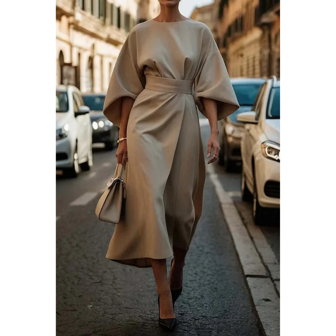 Elegant midi dress for women with lantern sleeves and waist belt