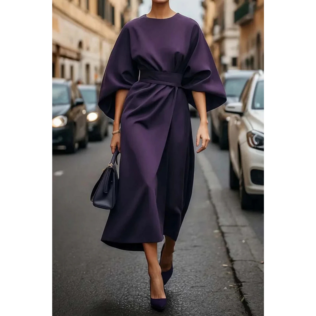 Elegant midi dress for women with lantern sleeves and waist belt