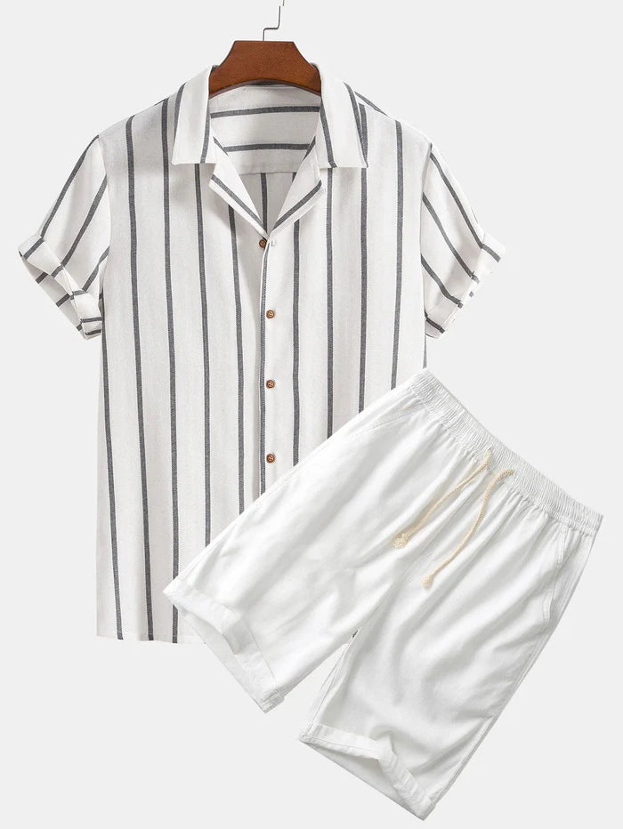 Elegant summer set with striped short-sleeve shirt and quick-drying shorts