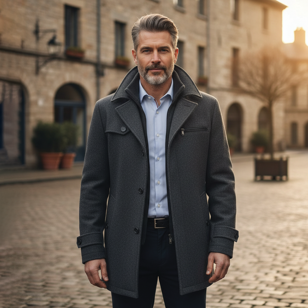Elijah Wool Blend Overcoat For Men Refined Tailoring With Stand Up Collar Inner Zipper Chest Pocket