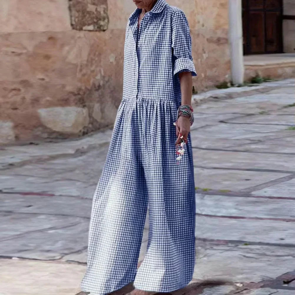 Women’s Jumpsuit – Relaxed Fit – Wide Leg – Button Front – Mid Sleeve – Cotton Blend
