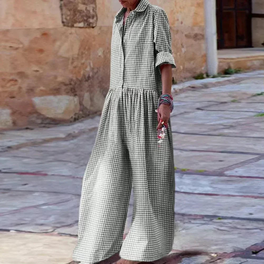 Women’s Jumpsuit – Relaxed Fit – Wide Leg – Button Front – Mid Sleeve – Cotton Blend