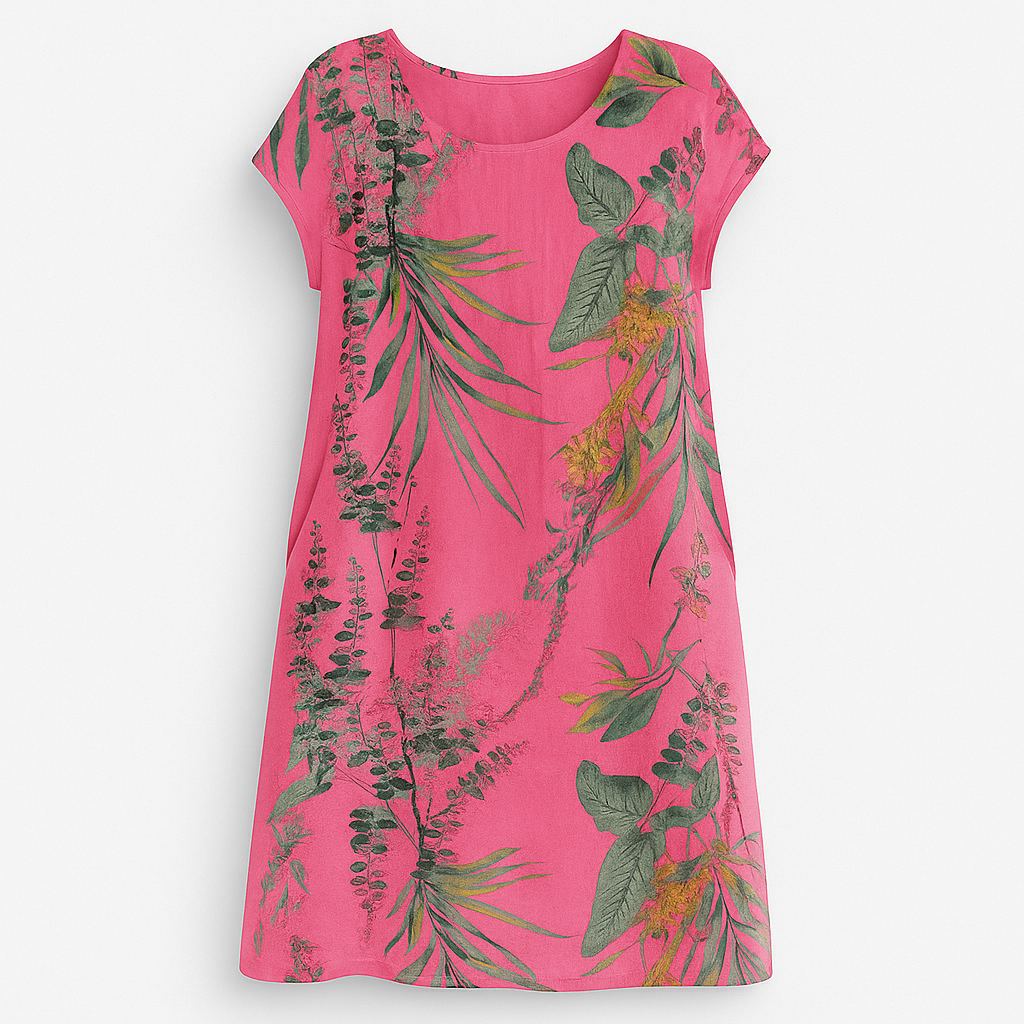 Elisabeth - Cotton and linen dress with round neck for women