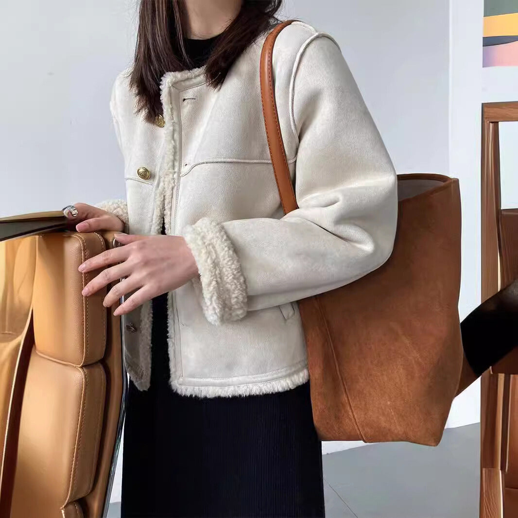 TrendAura Women's Boxy Suede-Texture Jacket With Plush Sherpa Lining And Metal Button Front