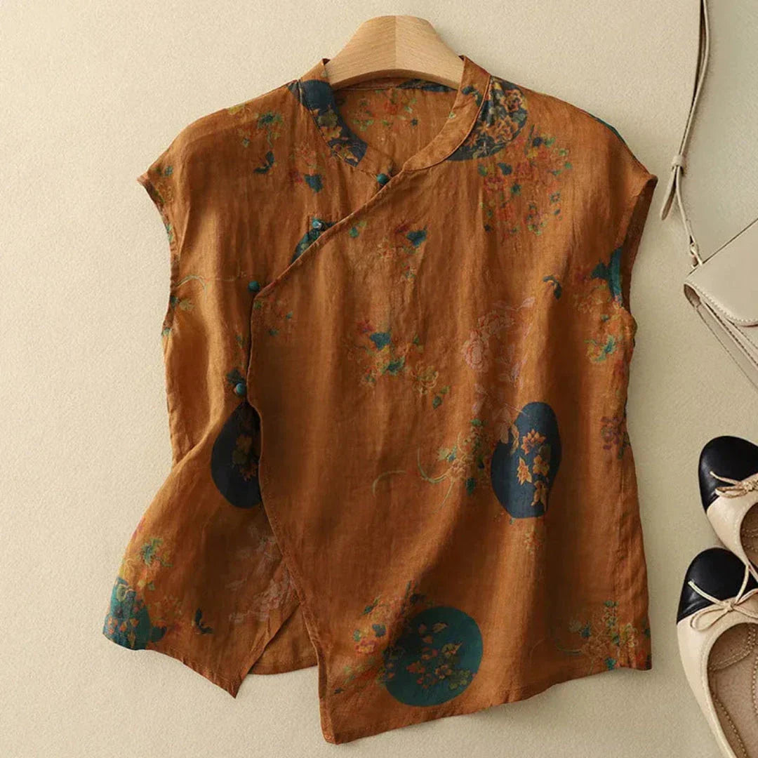 Ellen Chinese Collar Vintage Linen Blouse