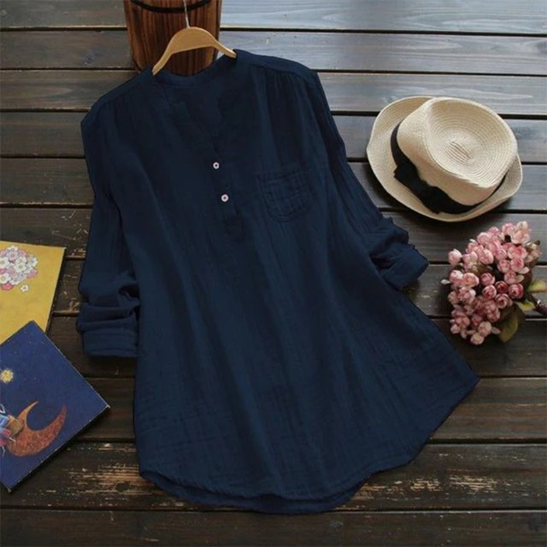 Women's Shirt - Lightweight Cotton - Relaxed Fit - Mandarin Collar - Long Sleeves
