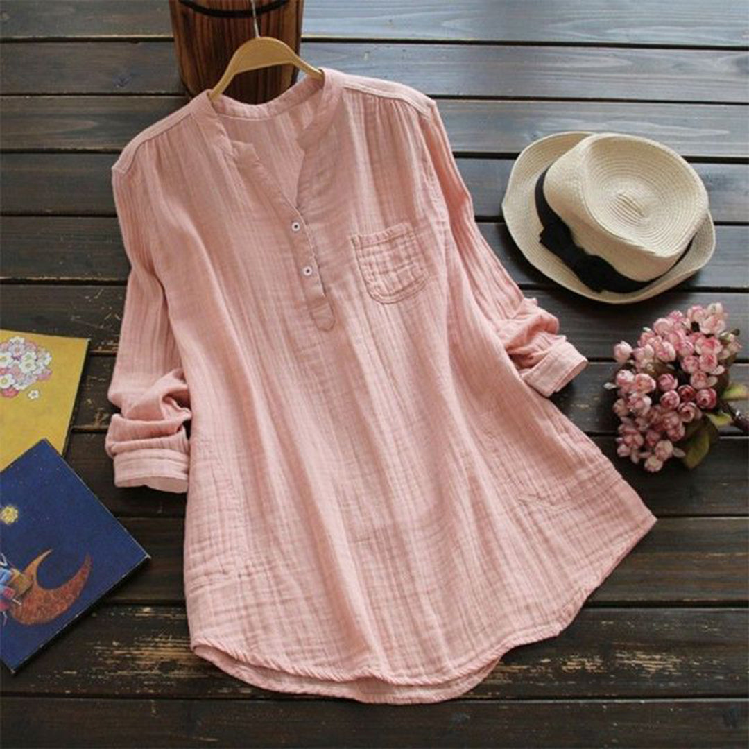 Women's Shirt - Lightweight Cotton - Relaxed Fit - Mandarin Collar - Long Sleeves