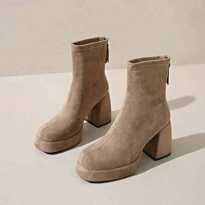 Eloise Suede Block Heel Zip-Up Ankle Boots