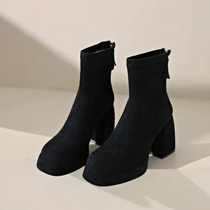 Eloise Suede Block Heel Zip-Up Ankle Boots
