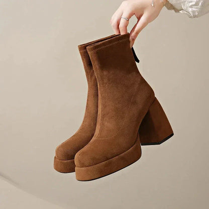 Eloise Suede Block Heel Zip-Up Ankle Boots