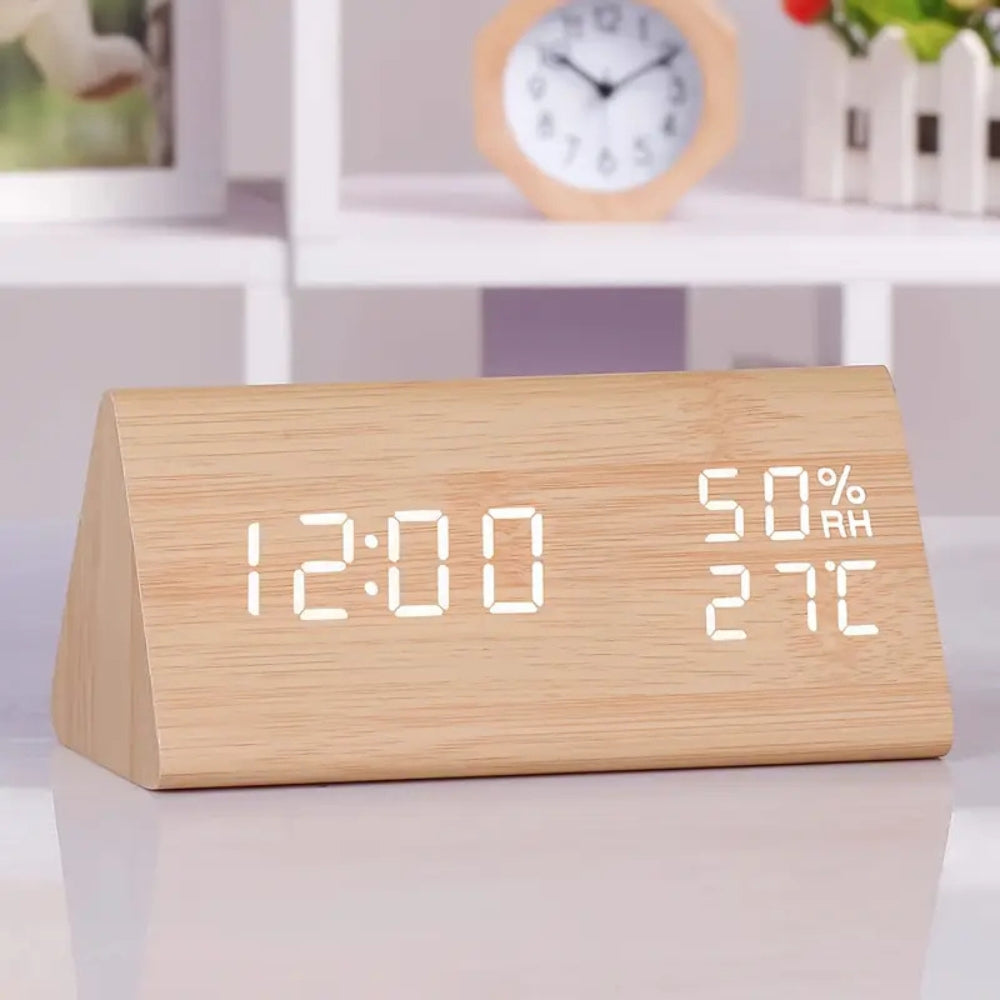 Minimalist Wooden LED Alarm Clock With Temperature Display