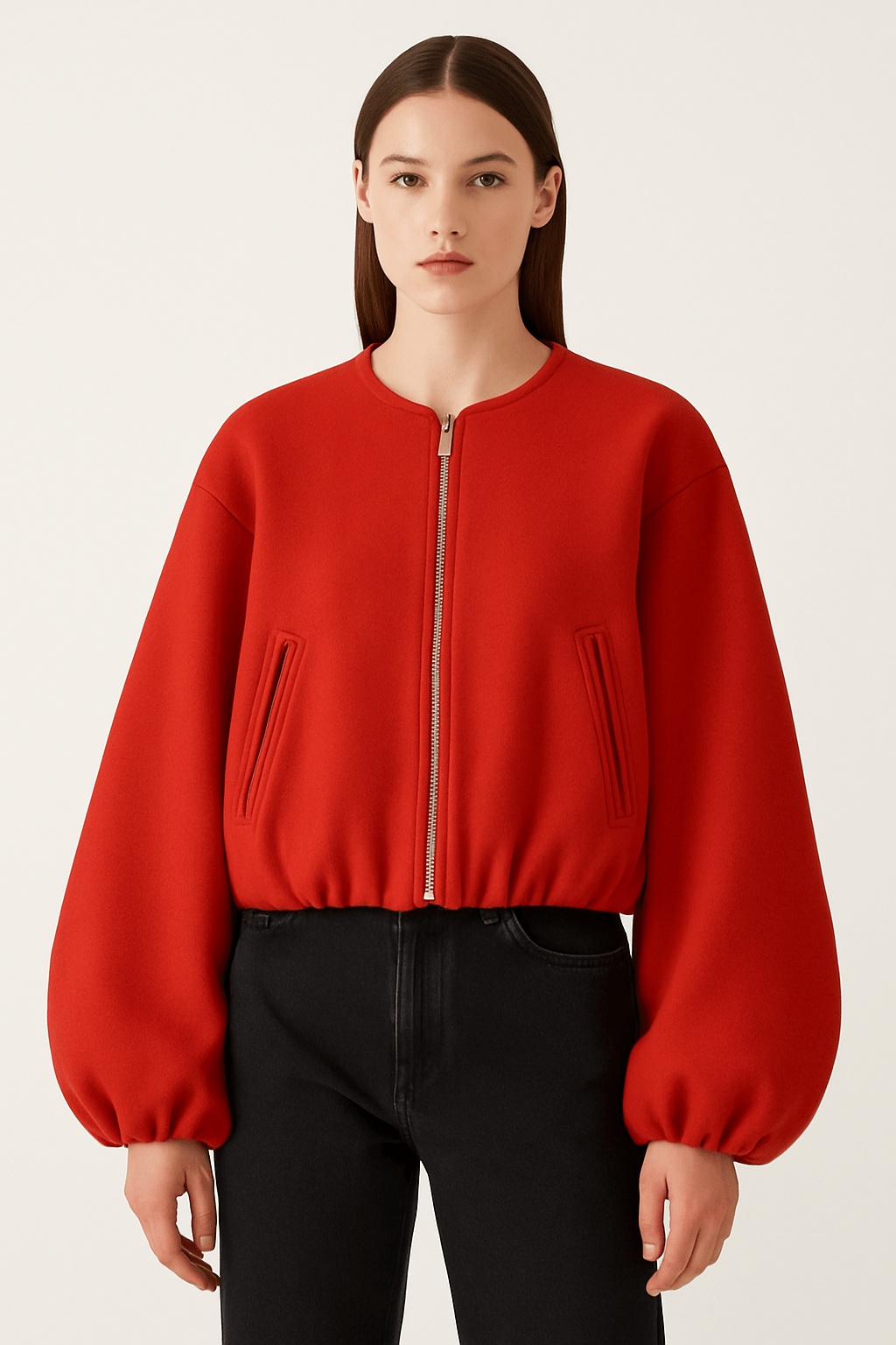 Zipper jacket with balloon sleeves