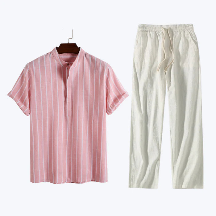 Relaxed linen set with polo and adjustable pants for leisure and home