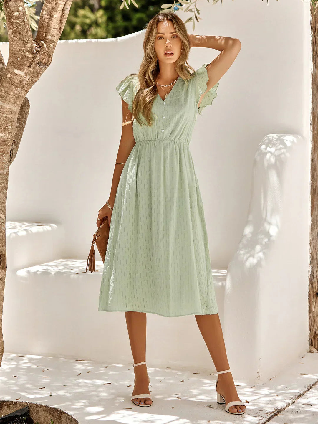 Iskaris Elegant Cotton Midi Dress With Puff Sleeves V Neck Textured Pattern Breathable Fabric For Women
