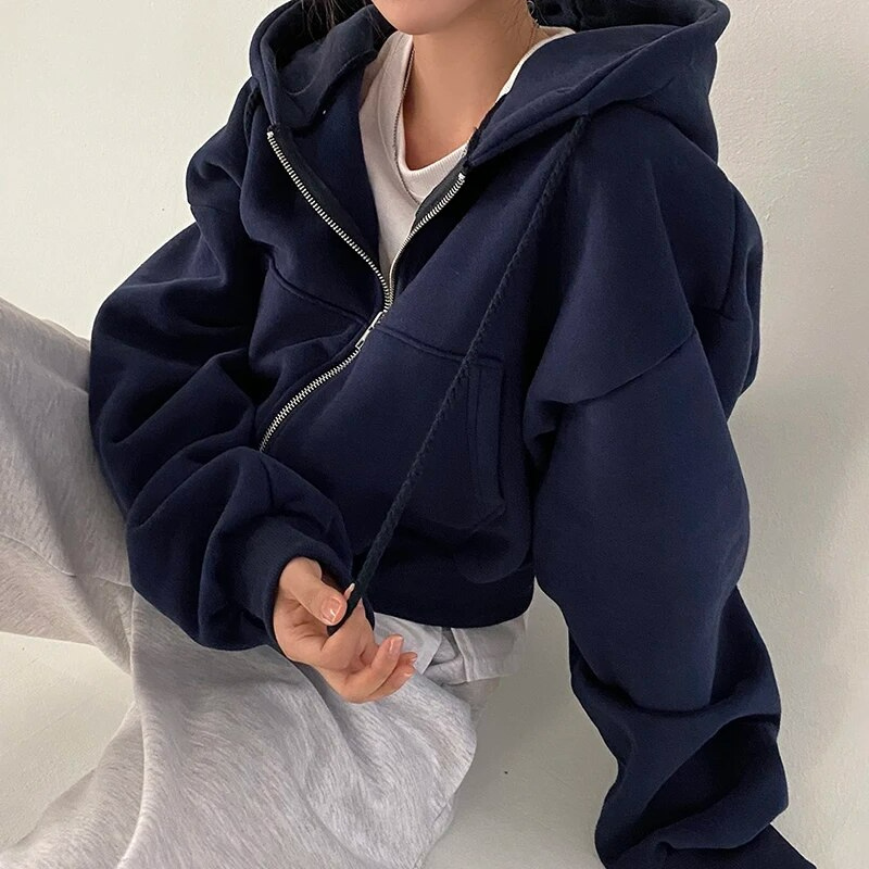 Women’s Hooded Jacket – Oversized Fit – Plush Fleece – Zip Front – Cropped Length