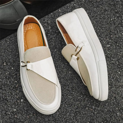 Ezra Penny Loafers For Men By TrendAura White Leather Slip On With Gold Tone Side Detail Cushioned Insole