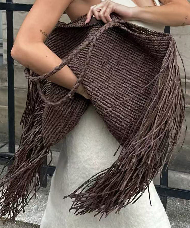 Sac à bandoulière tendance et polyvalent avec pompon tissé café - TrendAura