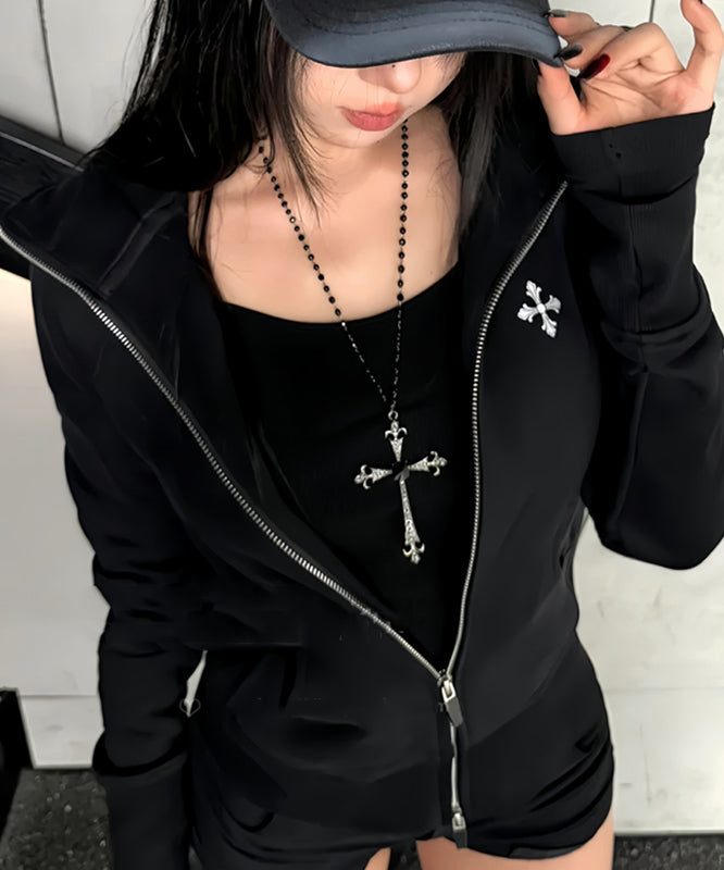 Collier de perles en métal noir et zircon à la mode avec croix graduée - TrendAura