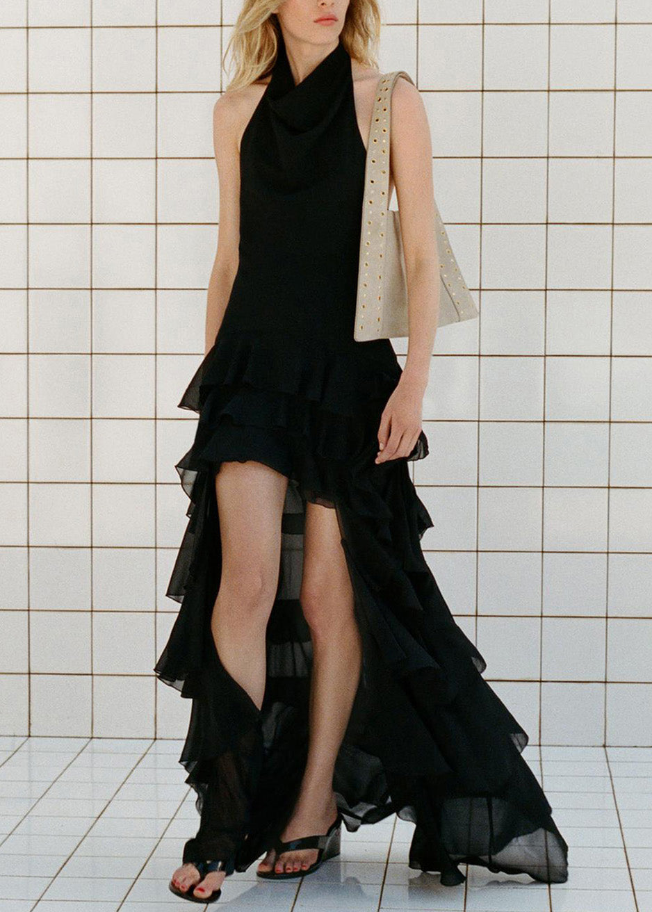 Robe en mousseline de soie noire à volants, coupe basse et haute, sans manches - TrendAura