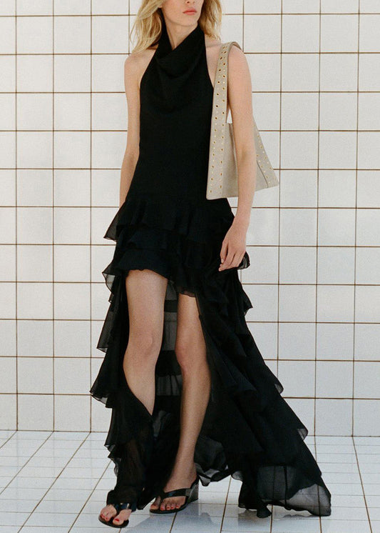 Robe en mousseline de soie noire à volants, coupe basse et haute, sans manches - TrendAura