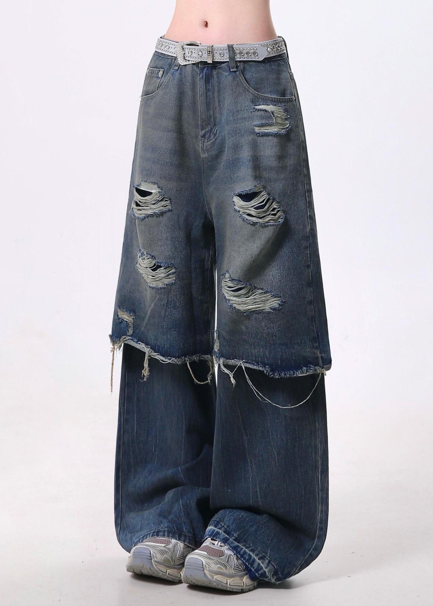 Pantalon en jean déchiré bleu à la mode, deux pièces, patchwork, printemps - TrendAura