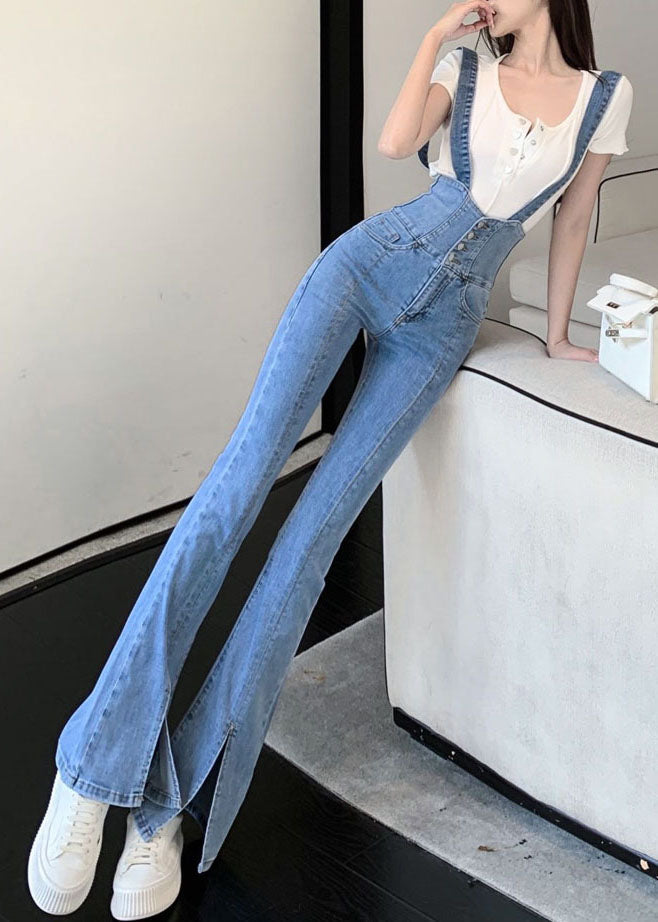 Pantalon évasé en denim bleu taille haute à bretelles tendance pour l'été - TrendAura