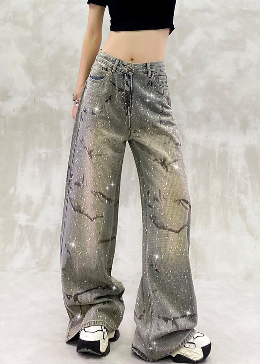 Pantalon en jean bleu à poches et zircon, taille haute, automne - TrendAura