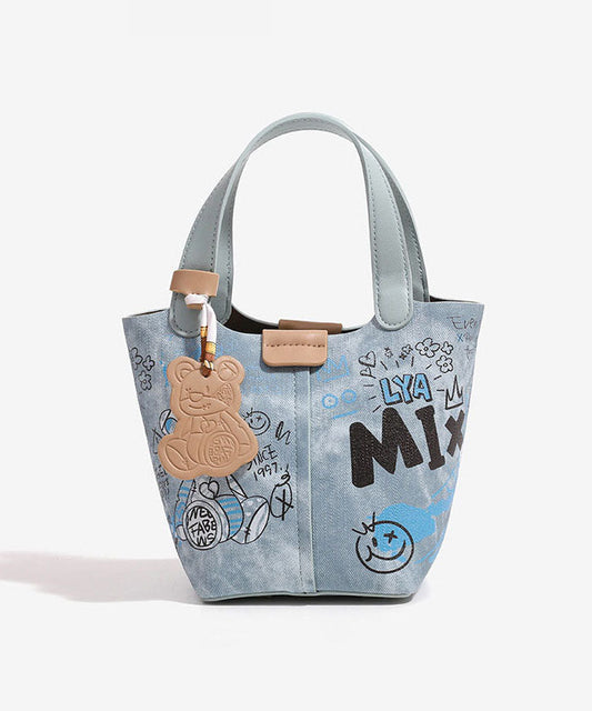 Sac seau en denim patchwork à imprimé bleu tendance - TrendAura
