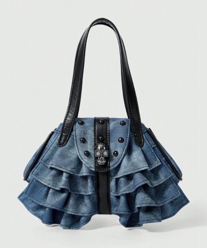 Sacs à bandoulière en denim patchwork à volants bleus tendance avec perles - TrendAura