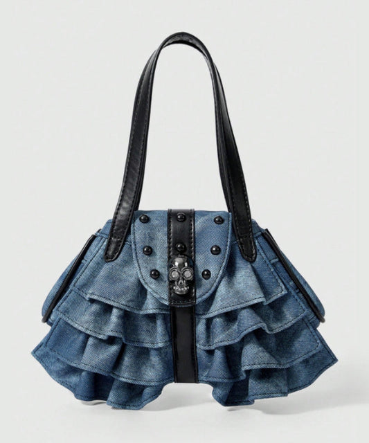Sacs à bandoulière en denim patchwork à volants bleus tendance avec perles - TrendAura