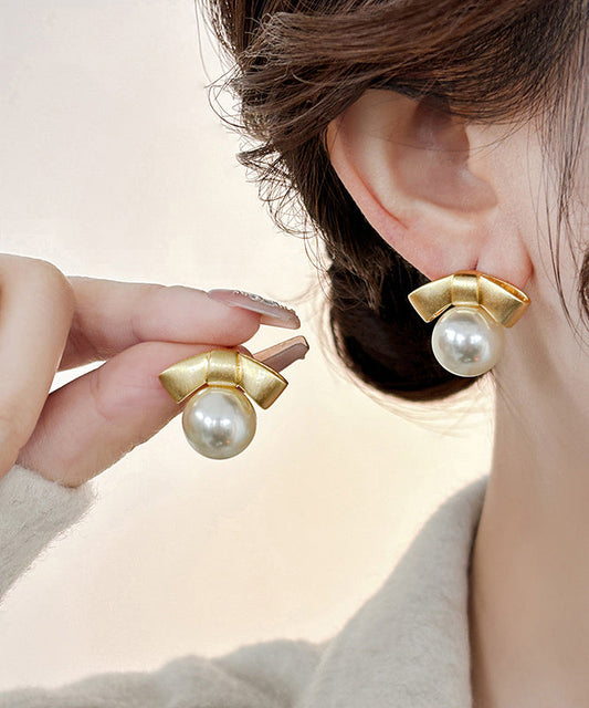 Boucles d'oreilles à tige en alliage d'or avec perles et nœud - TrendAura