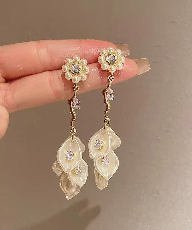 Boucles d'oreilles pendantes à pampilles en alliage d'or et zircon, motif floral et perles - TrendAura