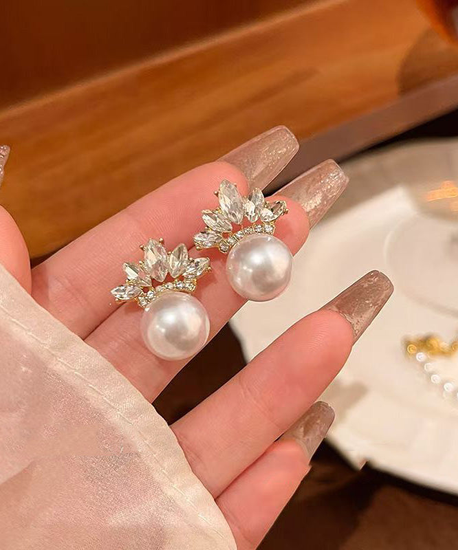 Boucles d'oreilles à tige tendance en alliage de cuivre doré et zircon, avec perles et feuilles - TrendAura