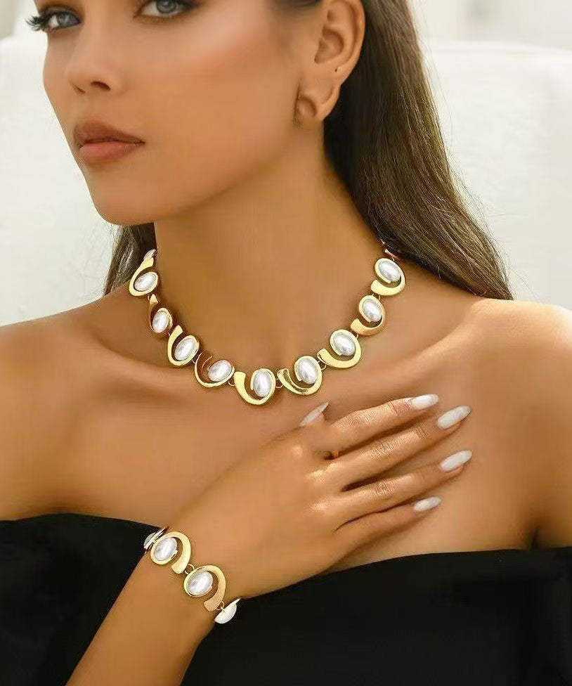 Ensemble deux pièces collier et bracelet chaîne en cuivre doré tendance - TrendAura