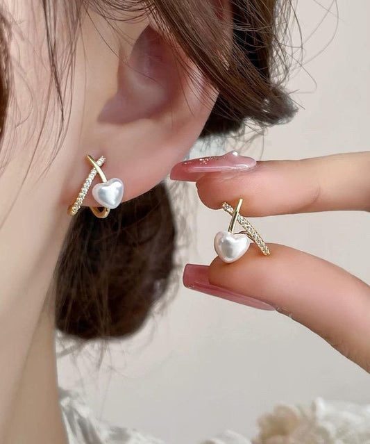Boucles d'oreilles à tige tendance en argent sterling et or avec perles de zircone - TrendAura