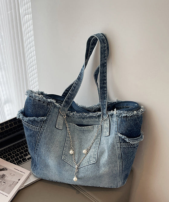 Sacs à bandoulière en denim bleu dégradé à pompons, grande capacité - TrendAura