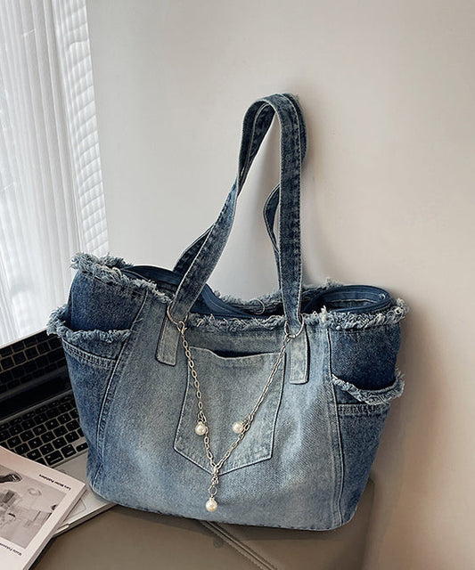 Sacs à bandoulière en denim bleu dégradé à pompons, grande capacité - TrendAura
