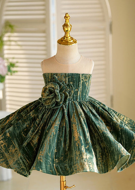Robe longue d'été en velours de soie à fleurs vertes pour enfants - TrendAura