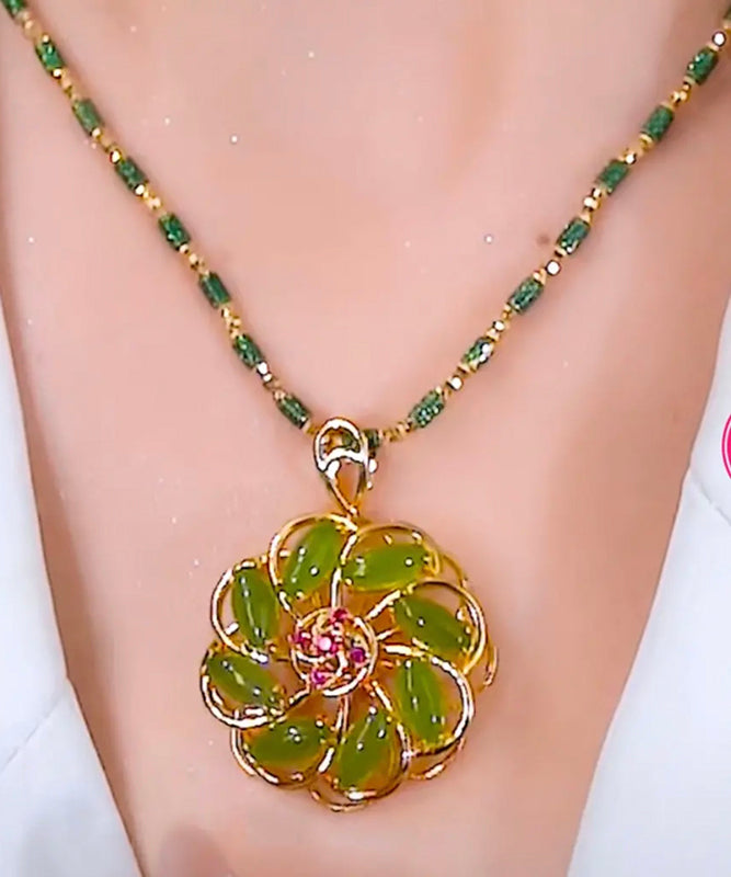 Collier pendentif floral incrusté en argent sterling vert tendance - TrendAura