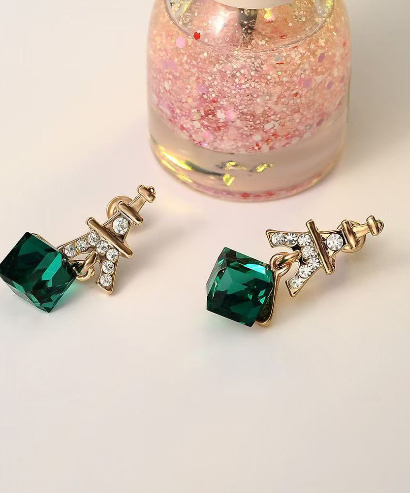 Boucles d'oreilles pendantes tendance en argent sterling vert et cristal de zircon surdoré - TrendAura