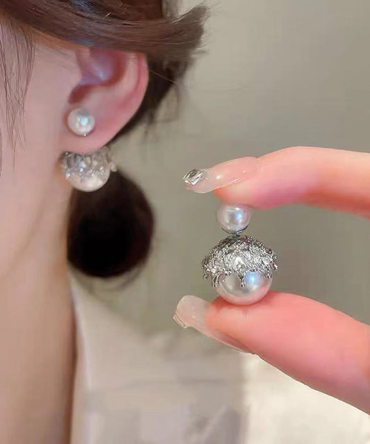 Boucles d'oreilles à tige tendance en alliage de cuivre gris et perles de zircon - TrendAura