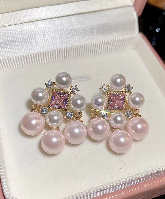 Boucles d'oreilles à tige creuses en alliage rose clair avec perles de zircone - TrendAura