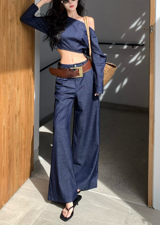 Ensemble deux pièces en jean bleu marine à une épaule et à la mode pour l'été - TrendAura