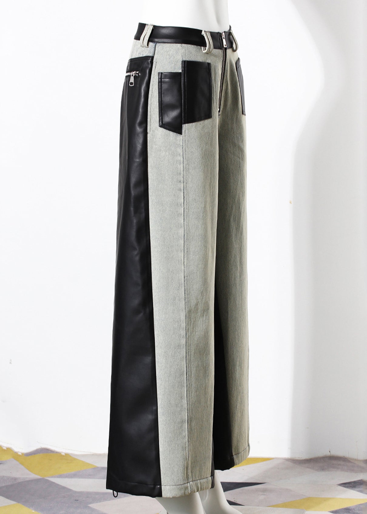 Pantalon large en denim patchwork similicuir avec poches tendance Automne - TrendAura