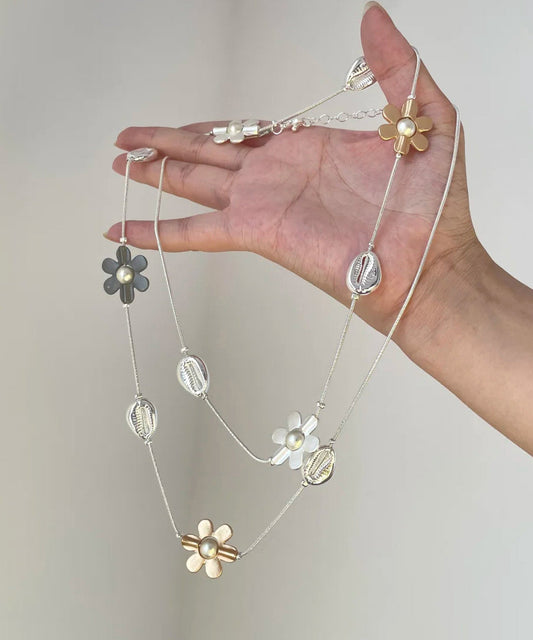 Collier de perles florales graduées en alliage métallique arc-en-ciel à la mode avec zircon - TrendAura