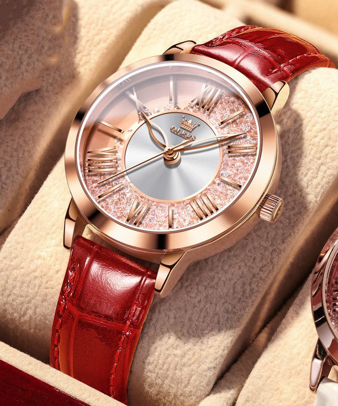 Montre à quartz en cuir rouge avec zircons dorés et étanche - TrendAura